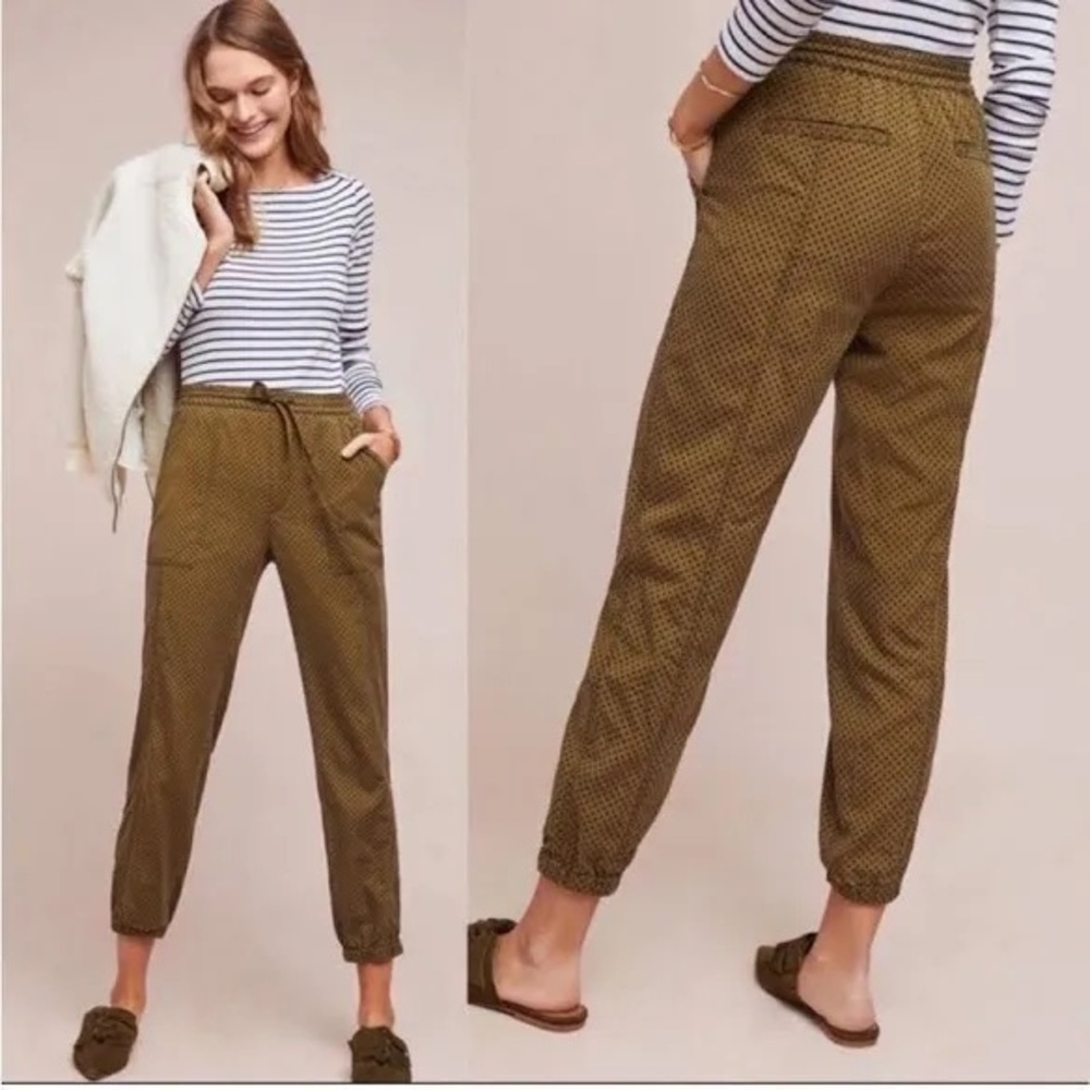 Anthropologie velvet-dot joggers / small / green with flocked blue dots